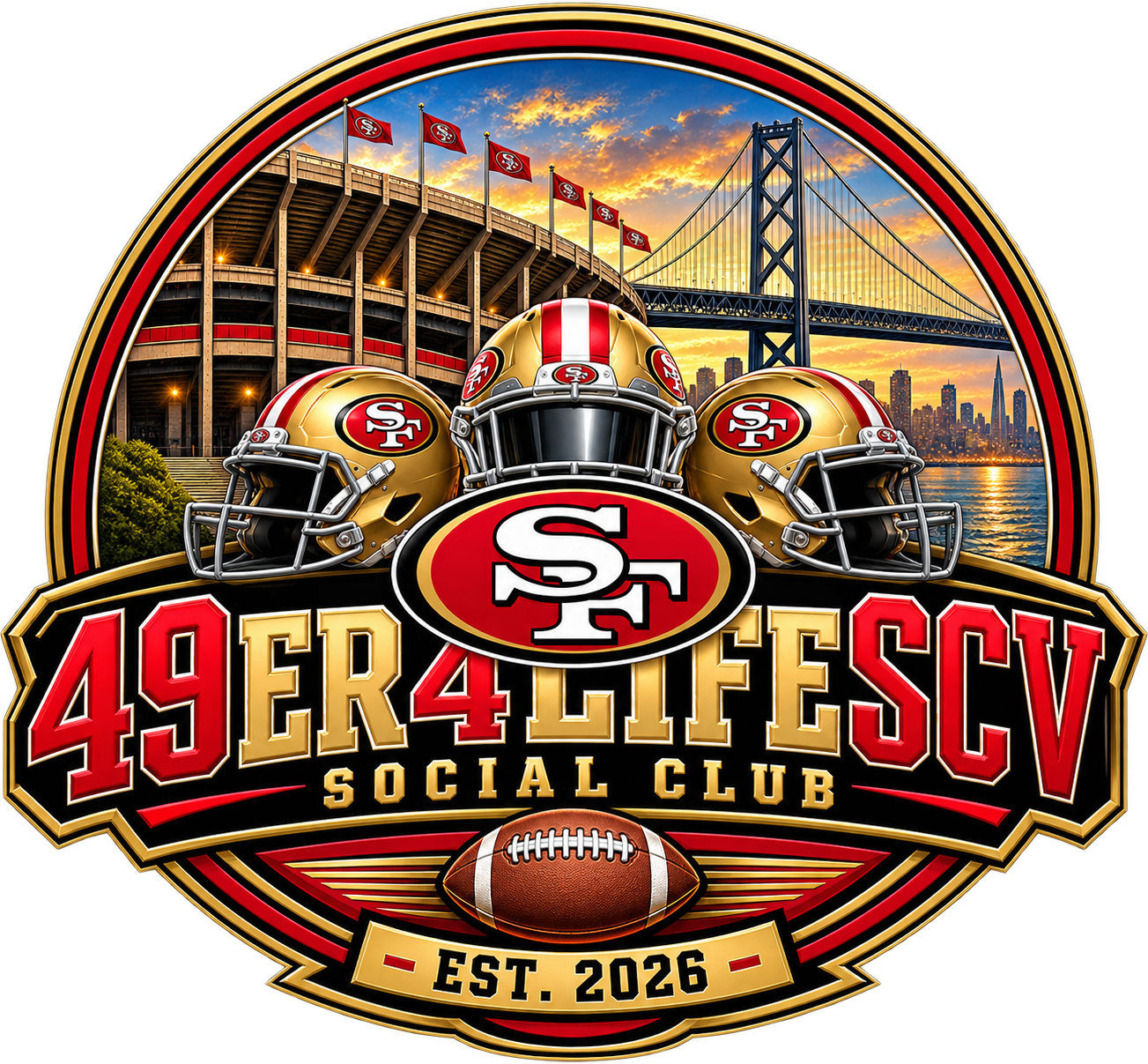49er 4 Life SCV Social Club official club emblem featuring the stadium, bridge, helmets and Est. 2026 banner